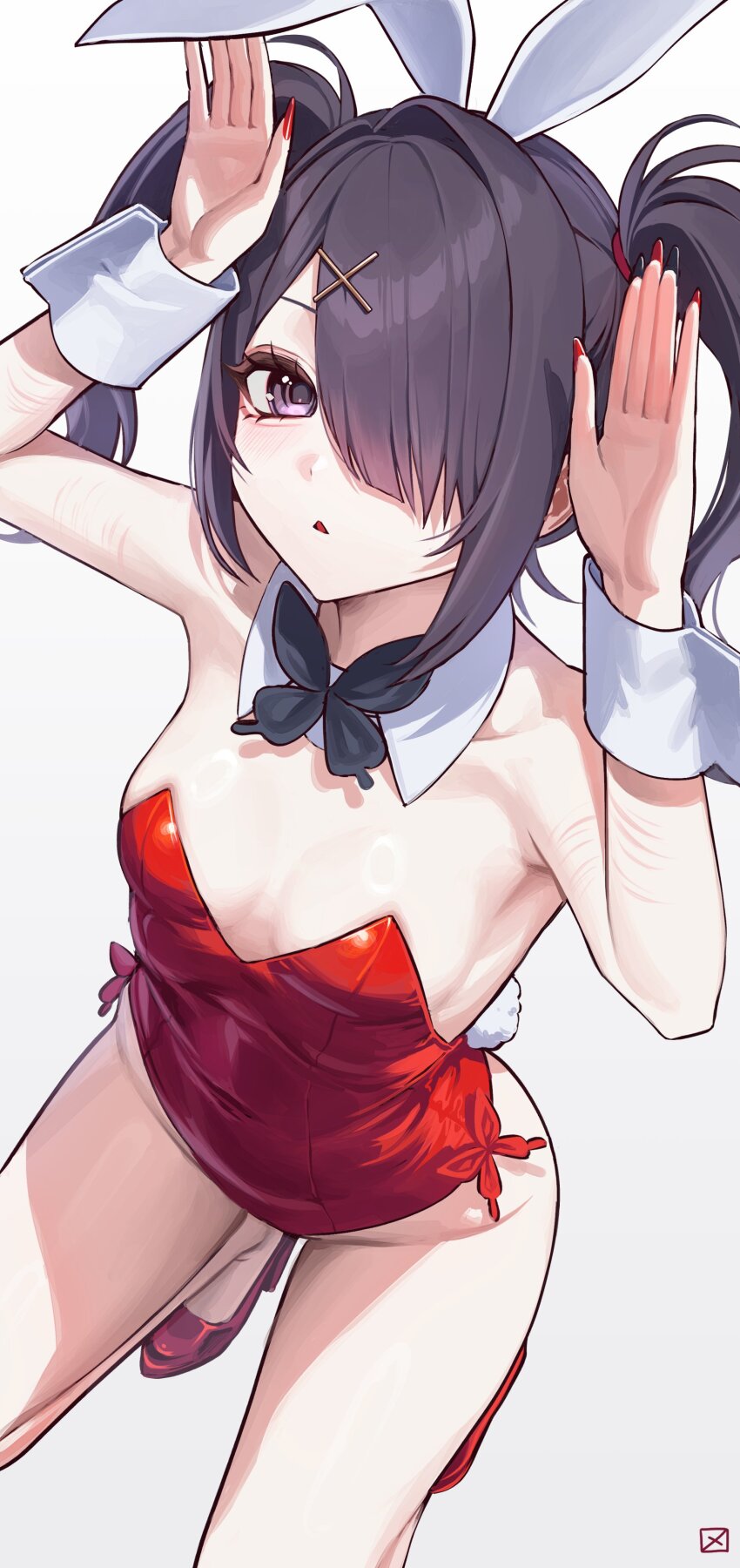 1girl, absurdres, ame-chan_(needy_girl_overdose), animal_ears, black_eyes, black_hair, black_nails, breasts