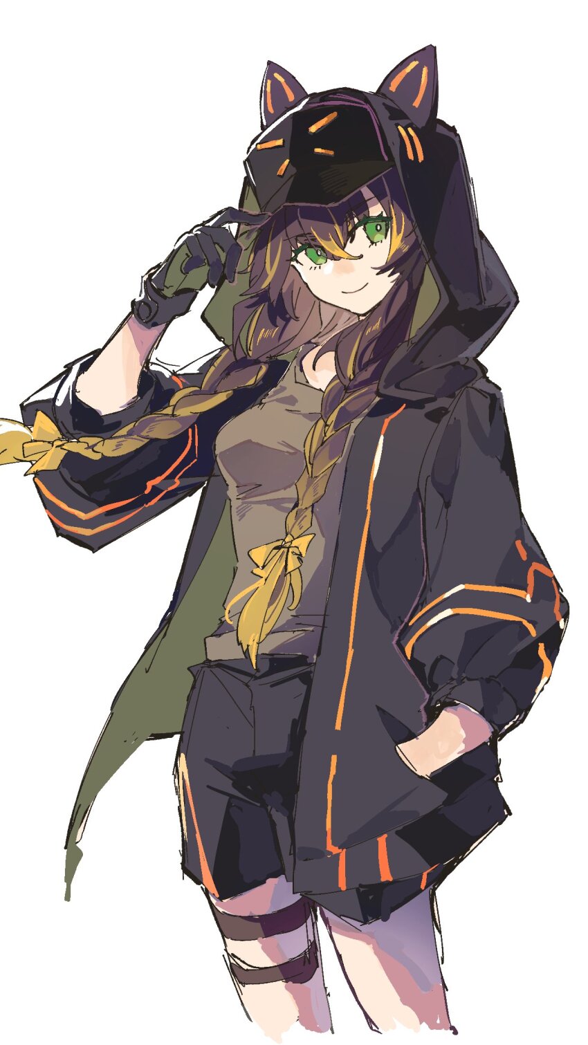 1girl, animal_ear_hood, blonde_hair, braid, brown_hair, colored_tips, commentary_request, duel_monster