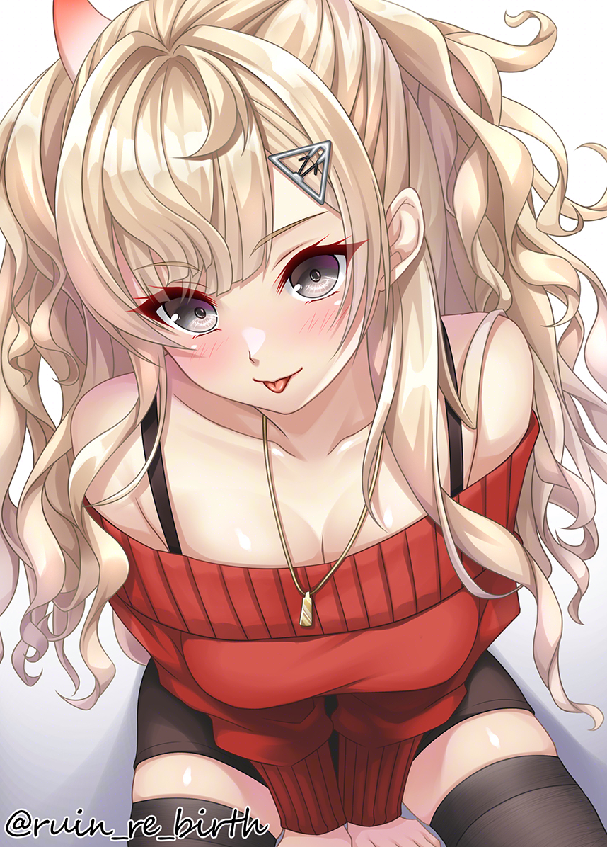 1girl, black_skirt, black_thighhighs, blonde_hair, breasts, commentary_request, from_above, gradient_horns
