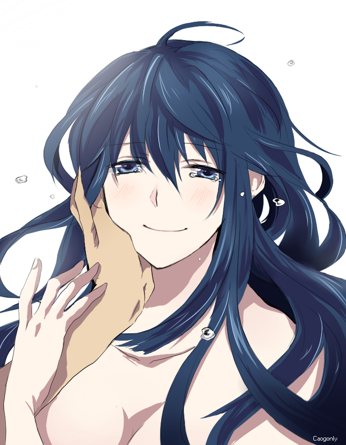 00s, 1girl, ahoge, black_hair, blue_eyes, blush, caogonly, gundam, gundam_00, hand_on_another's_face, long_hair, marina_ismail, nude, smile, solo_focus, tears, white_background
