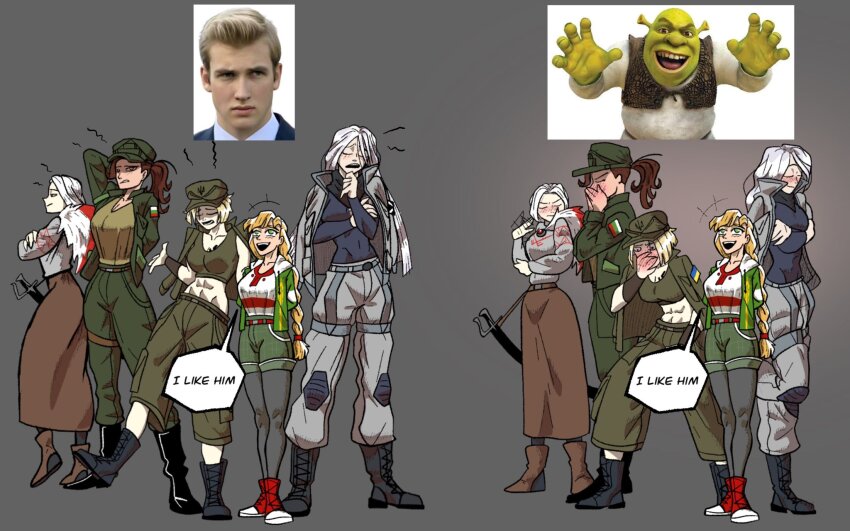 5girls, alpha_(alpha_1918), before_and_after, black_boots, black_shirt, blonde_hair, blush, boika_(snow_draw)