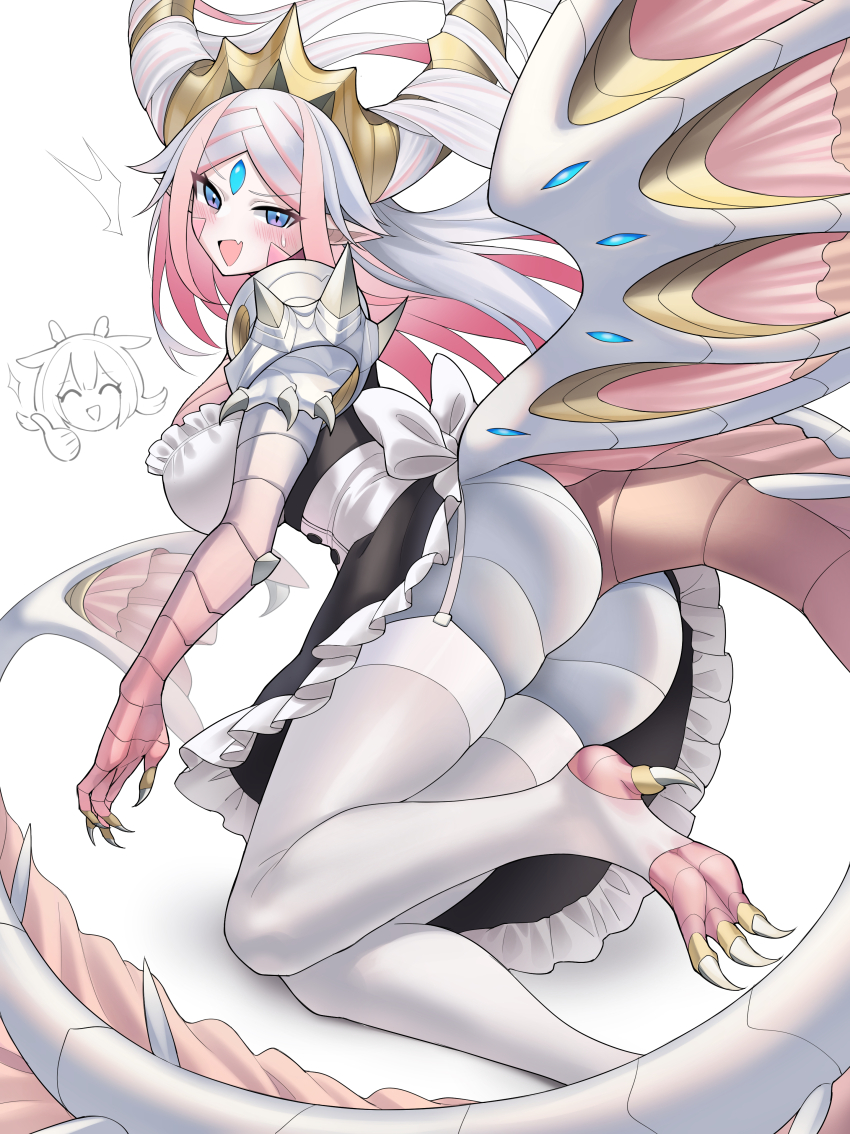 2girls, ^^^, ^_^, absurdres, alternate_costume, ass, black_dress, blue_eyes, blush, breasts, claws, cleavage, closed_eyes, colored_skin, commentary, dragon_girl, dragon_horns, dragon_tail, dragon_wings, dress, duel_monster, eastern_dragon_horns, enmaided, fang, filia_regis, forehead_jewel, frilled_dress, frills, full_body, garter_straps, hair_on_horn, highres, horns, large_breasts, laundry_dragonmaid, long_hair, looking_at_viewer, maid, multiple_girls, open_mouth, parted_bangs, pink_hair, pink_scales, pink_skin, pointy_ears, sidelocks, simple_background, skin_fang, skindentation, smile, solo_focus, sparkle, stirrup_legwear, strapless, strapless_dress, sweat, tail, thighhighs, thumbs_up, toeless_legwear, very_long_hair, white_background, white_hair, white_thighhighs, wings, yu-gi-oh!, yxzzbg