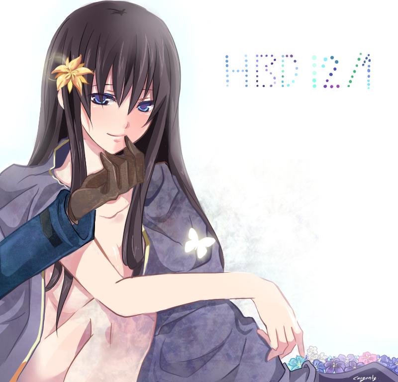 00s, 1girl, black_hair, blue_eyes, caogonly, female_focus, flower, gundam