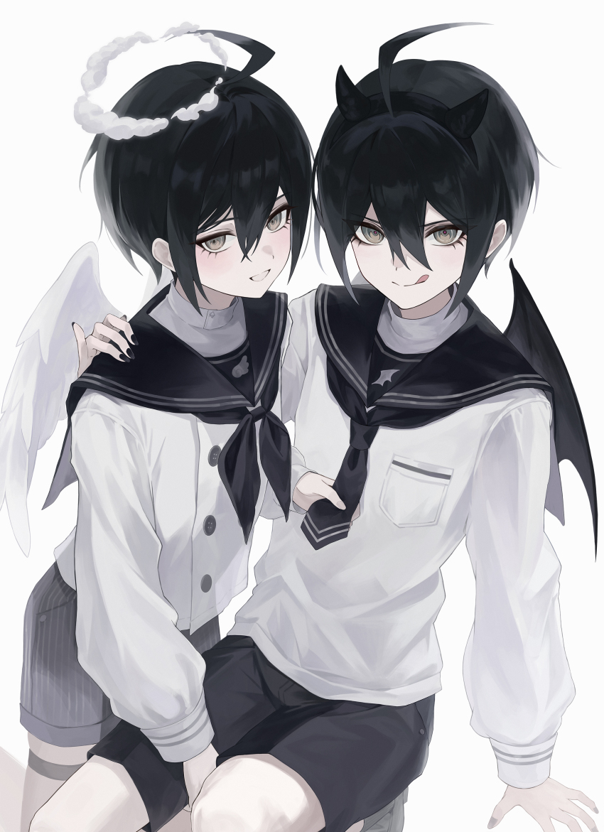 2boys, :q, absurdres, alternate_costume, angel, angel_and_devil, angel_wings, black_hair