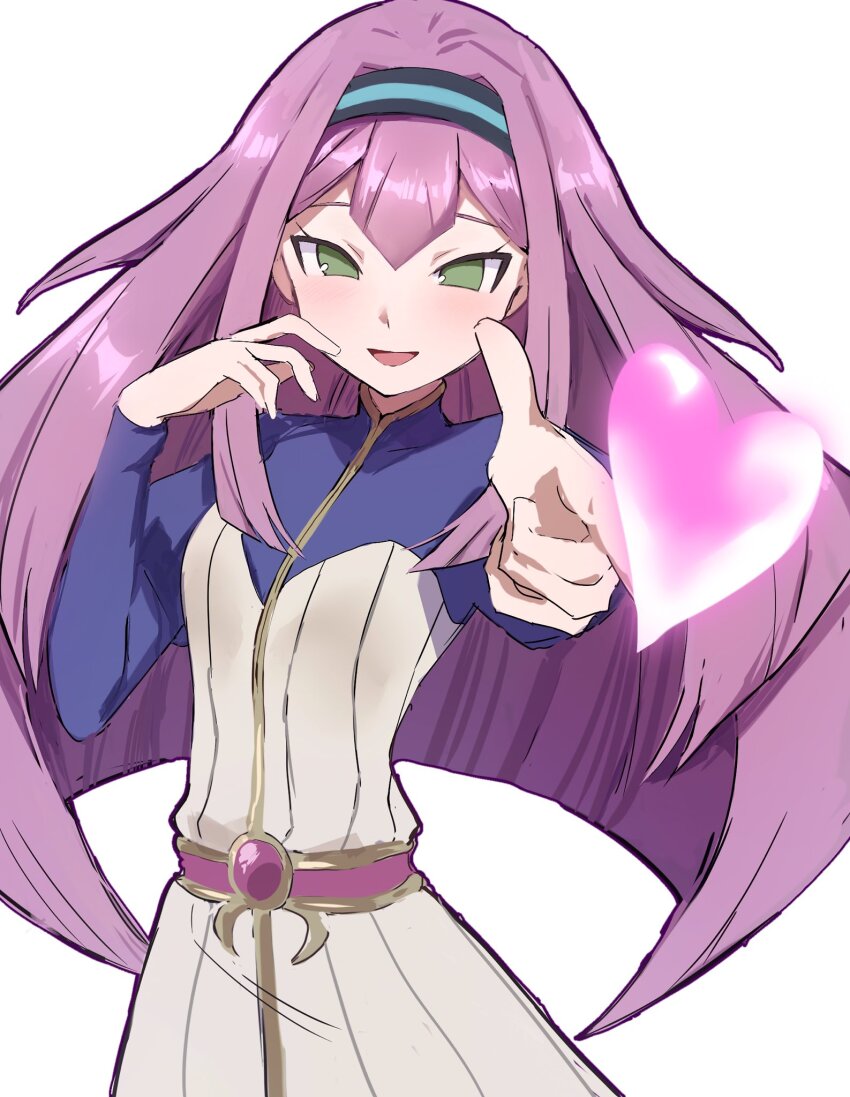 1girl, belt, blue_shirt, blush, commentary, dress, fibe7z, green_eyes