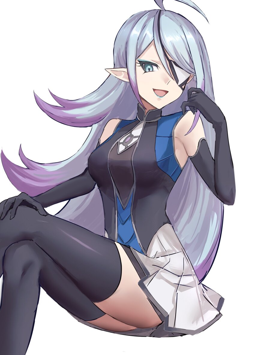 1girl, bare_shoulders, black_shirt, black_thighhighs, blue_eyes, blue_eyeshadow, blue_hair, blue_lips