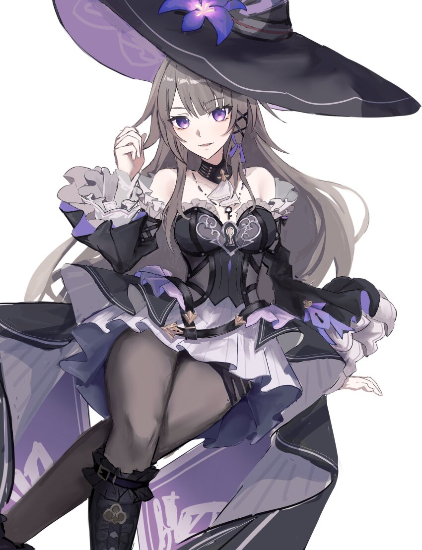 1girl, ascot, black_boots, black_choker, black_dress, black_hat, black_pantyhose, boots, breasts, brown_hair, choker, crossed_legs, detached_sleeves, dress, fibe7z, flower, hat, hat_flower, herta_(honkai:_star_rail), highres, honkai:_star_rail, honkai_(series), long_hair, looking_at_viewer, medium_breasts, open_mouth, pantyhose, purple_eyes, purple_flower, solo, strapless, strapless_dress, the_herta_(honkai:_star_rail), white_ascot, witch_hat