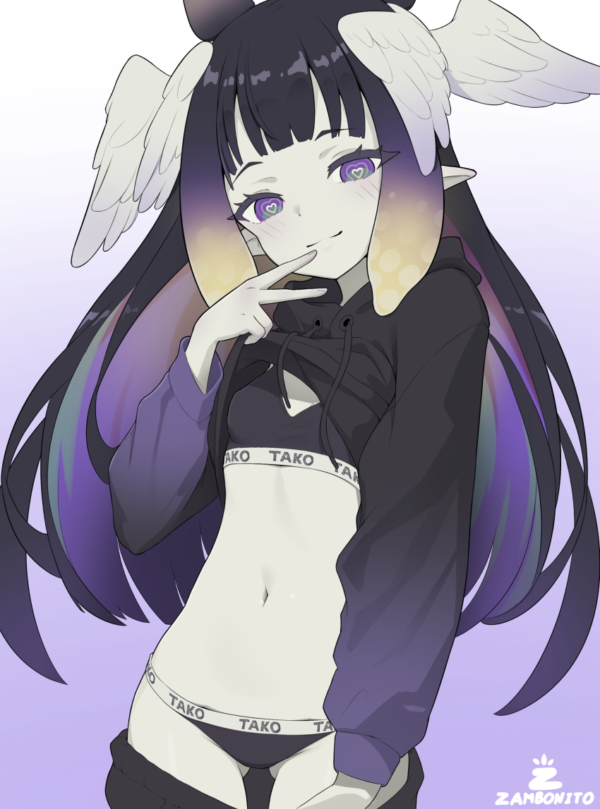 1girl, absurdres, black_bra, black_hair, black_hoodie, black_panties, blunt_bangs, bra, breasts, cleavage, closed_mouth, clothes_lift, clothes_pull, clothes_writing, colored_inner_hair, colored_skin, commentary, english_commentary, feathered_wings, gluteal_fold, gradient_hair, grey_skin, hand_up, head_wings, heart, heart-shaped_pupils, highres, hololive, hololive_english, hood, hoodie, hoodie_lift, long_hair, looking_at_viewer, multicolored_hair, navel, ninomae_ina'nis, orange_hair, panties, pants, pants_pull, pointy_ears, purple_eyes, purple_hair, sidelocks, simple_background, small_breasts, smile, solo, stomach, symbol-shaped_pupils, tako_takover_(ninomae_ina'nis), tentacle_hair, underwear, v, virtual_youtuber, white_wings, wings, zambonito