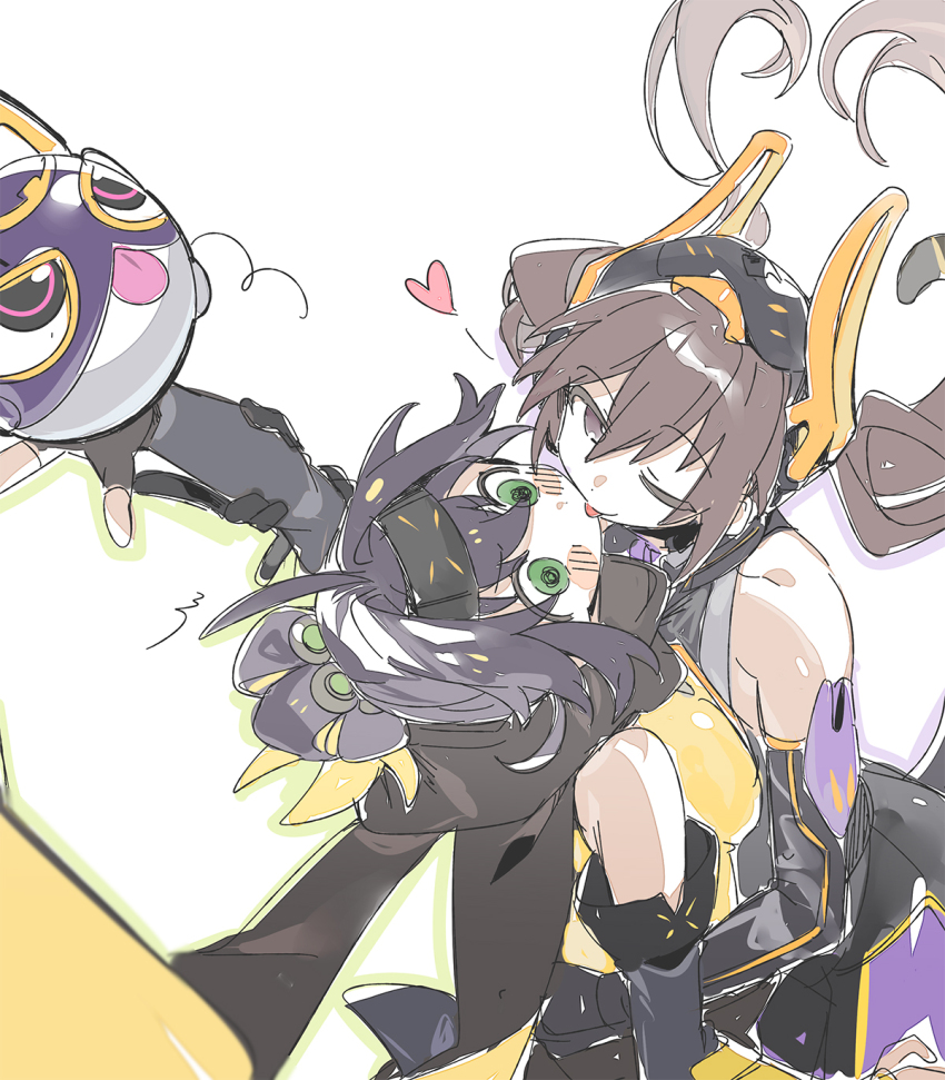 2girls, 3_ma_me, ;p, arm_around_another's_waist, black_hair, blonde_hair, blush_stickers, breasts