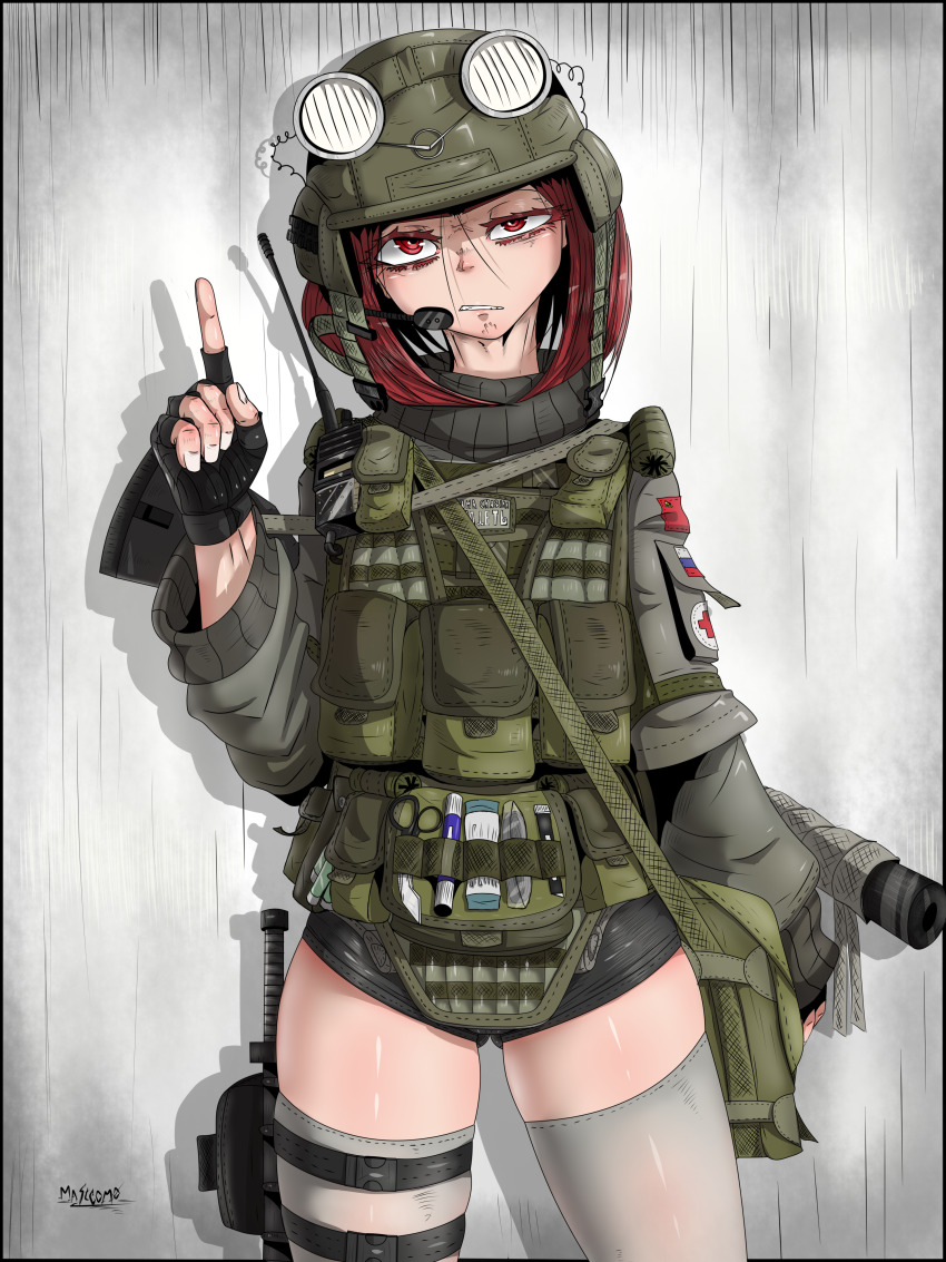 1girl, absurdres, bag, black_gloves, black_shorts, body_armor, buhanka-chan, clenched_teeth