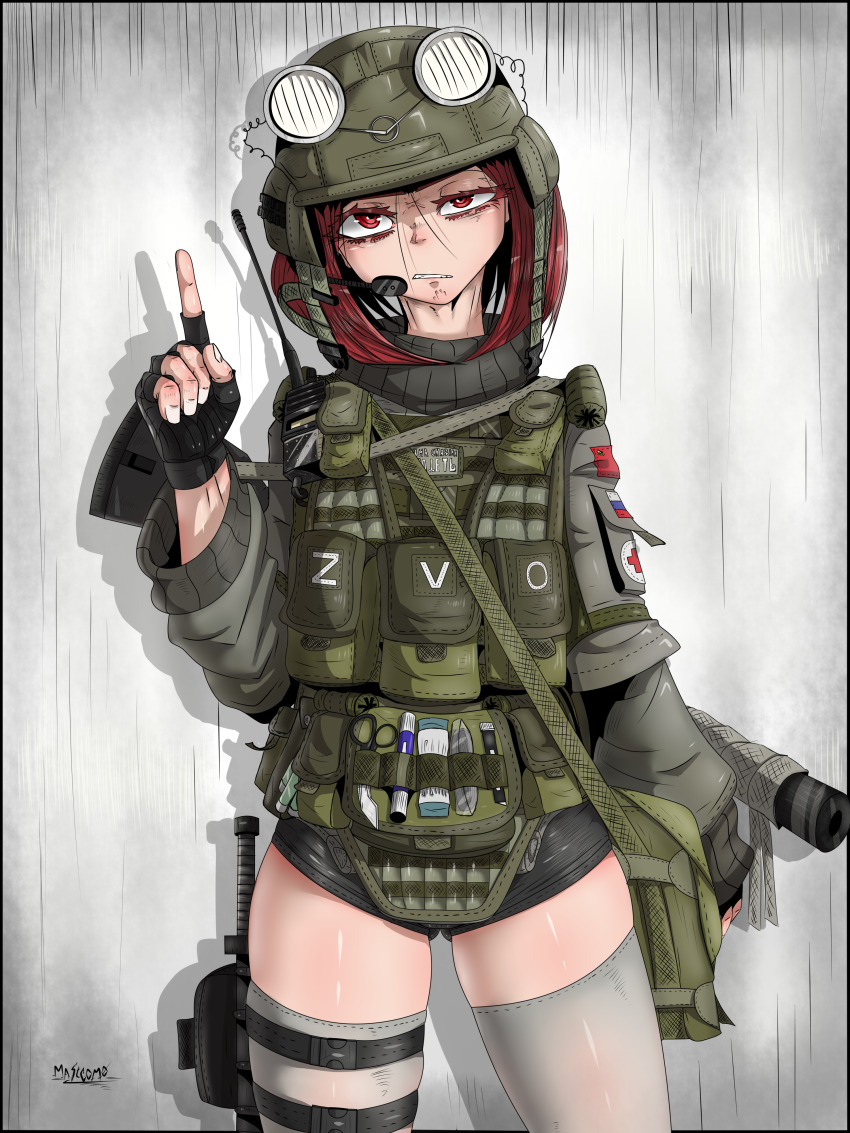 1girl, absurdres, bag, black_gloves, black_shorts, body_armor, buhanka-chan, clenched_teeth