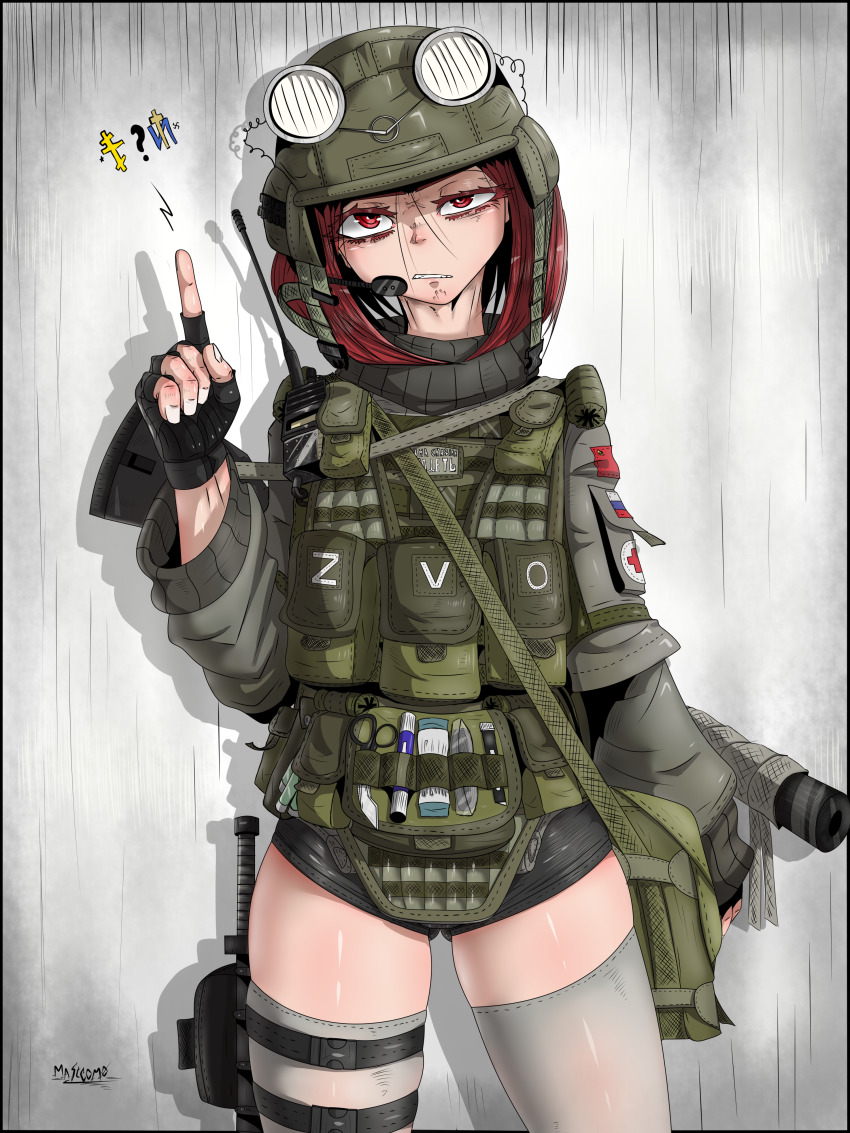 1girl, ?, absurdres, bag, black_gloves, black_shorts, body_armor, buhanka-chan