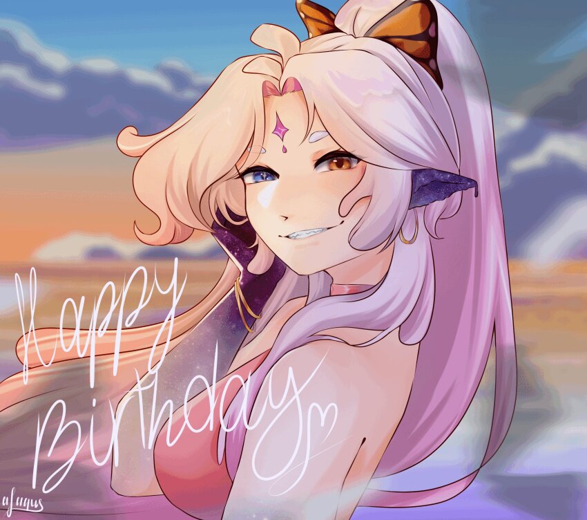 ajaque_x, blue_eyes, bracelet, butterfly_hair_ornament, carol_(lilum), forehead_jewel, gold_bracelet, hair_ornament, happy_birthday, heterochromia, high_ponytail, highres, jewelry, monster_girl, orange_eyes, original, pink_hair, pointy_ears, ponytail, portuguese_commentary, purple_ears, purple_hands, shirt, sleeveless, sleeveless_shirt, slime_girl, smile