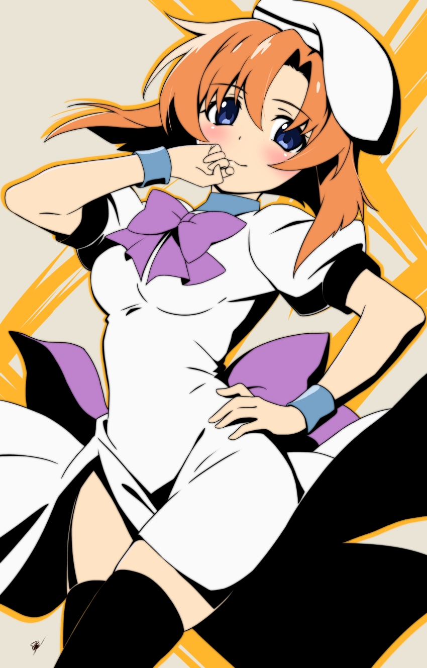 1girl, :3, absurdres, back_bow, beret, black_thighhighs, blue_eyes, blue_wrist_cuffs