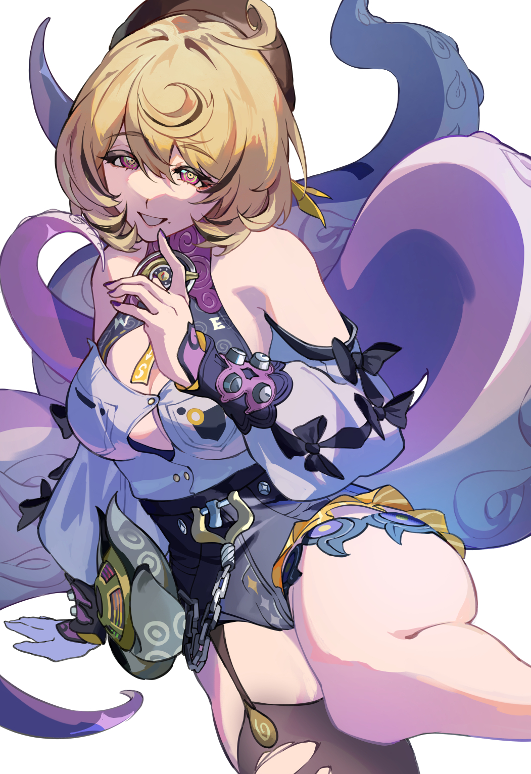 1girl, arm_support, asymmetrical_shorts, bare_shoulders, beret, black_hat, black_shorts, blonde_hair