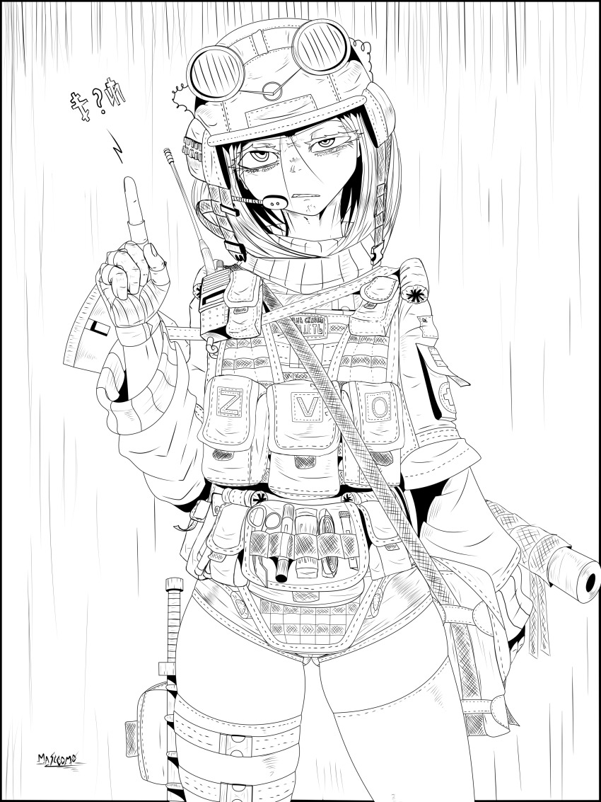 1girl, ?, absurdres, bag, black_gloves, black_shorts, body_armor, buhanka-chan