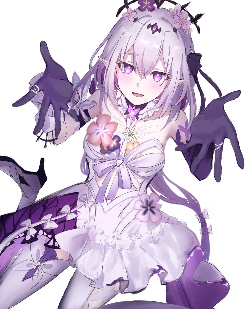 1girl, bare_shoulders, beckoning, black_tiara, blush, breasts, bug, butterfly