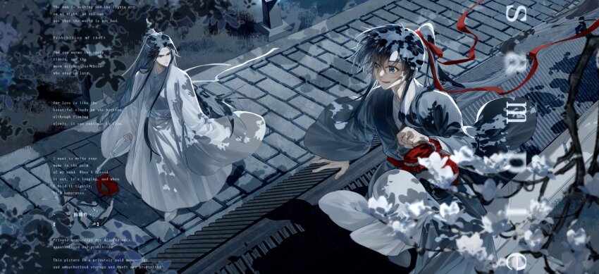 2boys, ahoge, alcohol, bichen_sword, black_hair, black_hanfu, branch, chinese_clothes