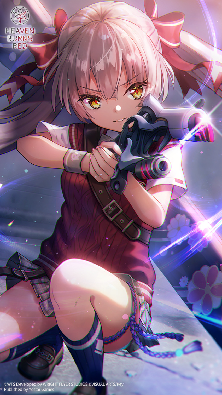 1girl, aiming, aiming_at_viewer, aura, black_shoes, black_skirt, black_socks, blunt_bangs