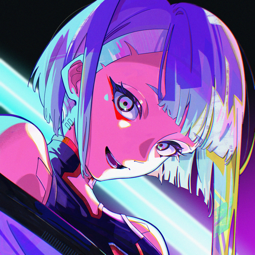 1girl, absurdres, bare_shoulders, black_leotard, commentary, cyberpunk:_edgerunners, cyberpunk_(series), cyborg