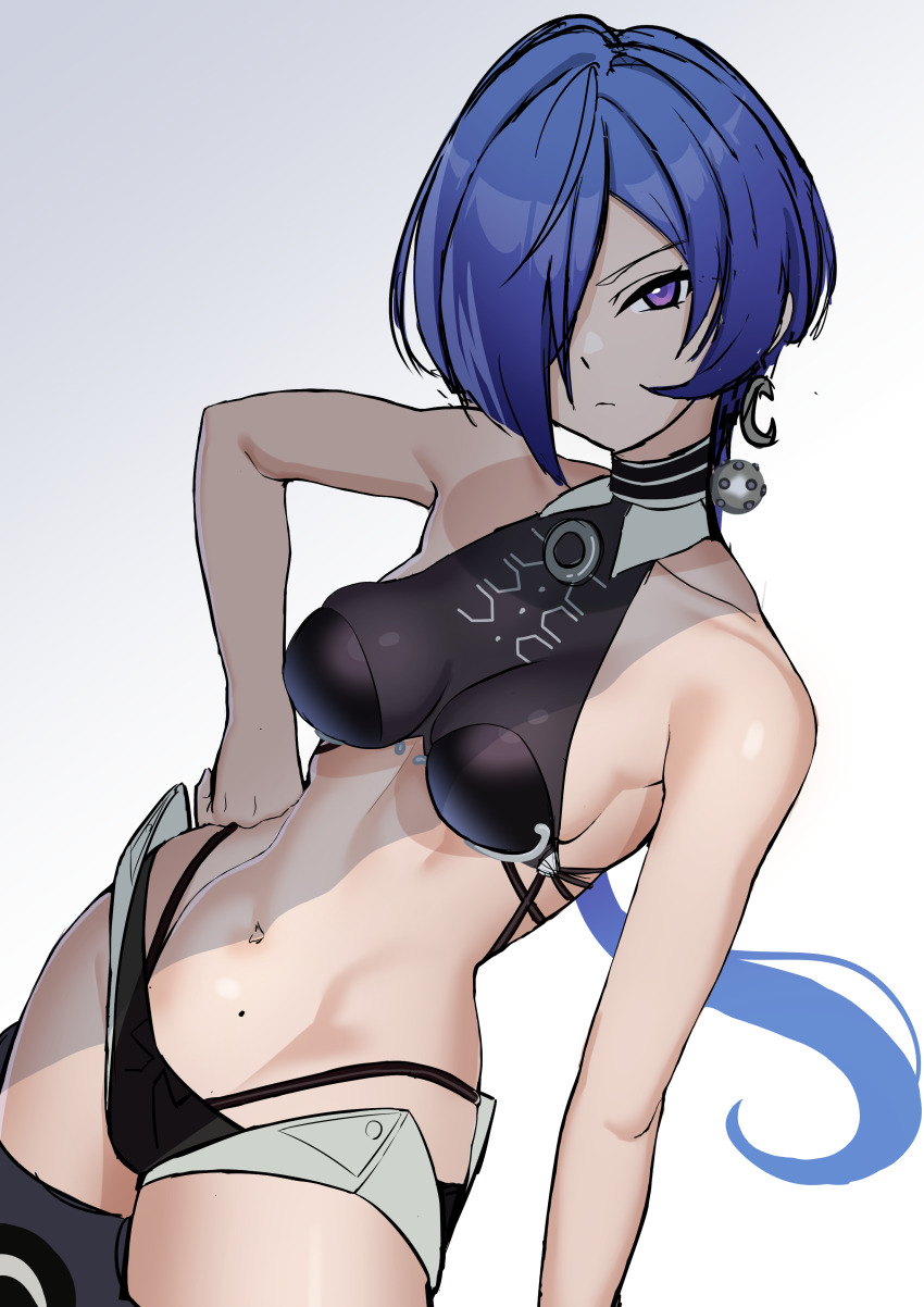 1girl, absurdres, bare_shoulders, black_bra, black_panties, blue_hair, bra, breasts