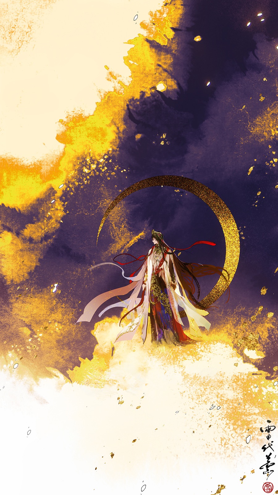 1boy, ayn_alwyn, ayn_alwyn_(god_forsaken_land), black_hair, chinese_commentary, chinese_text, cloak, cloud