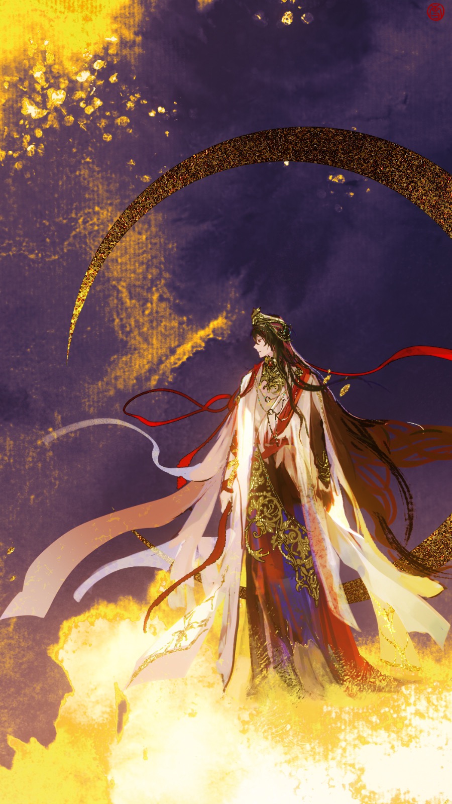 1boy, ayn_alwyn, ayn_alwyn_(god_forsaken_land), black_hair, chinese_commentary, cloak, cloud, commentary_request