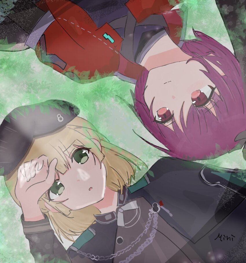 2girls, blonde_hair, commentary_request, green_eyes, hat, heaven_burns_red, highres, looking_at_another