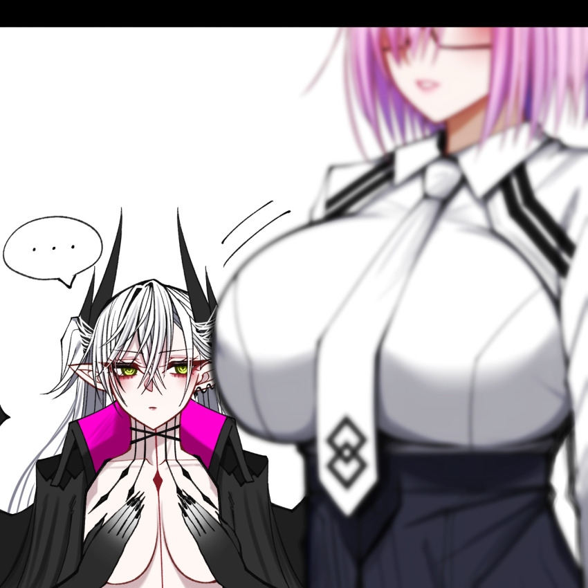 ..., 2girls, black_cloak, black_hands, black_skirt, blush, body_markings, breasts