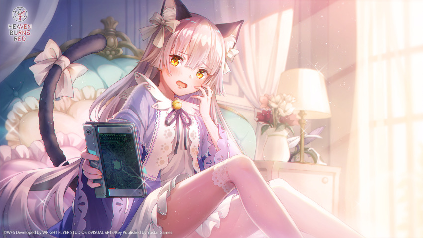 1girl, animal_ear_fluff, animal_ears, bell, blunt_bangs, blunt_ends, blush, bouquet