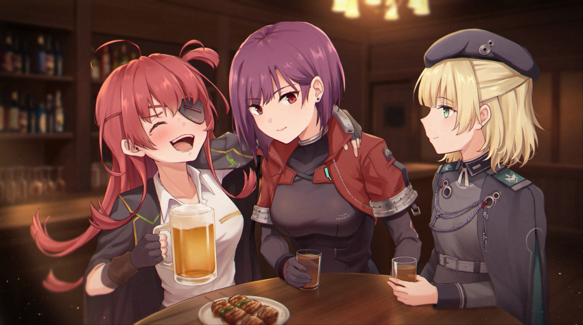 3girls, ahoge, arms_around_neck, asami_makiko_(heaven_burns_red), beer_mug, blonde_hair, commentary_request, cup, drink, earrings, eyepatch, fingerless_gloves, gloves, green_eyes, hat, heaven_burns_red, highres, holding, holding_cup, jewelry, long_hair, military_hat, military_uniform, mug, multiple_girls, nanase_nanami_(heaven_burns_red), purple_hair, red_eyes, risai, short_hair, tezuka_saki, tezuka_saki_(dawn_of_hope)