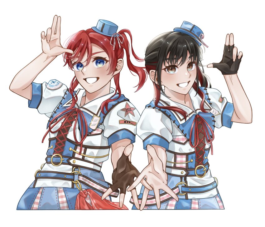 2girls, absurdres, animification, arm_up, black_hair, blue_eyes, brown_gloves, clenched_teeth, commentary_request, fingerless_gloves, gloves, hand_up, highres, liella!_7th_lovelive!_~fly!_music_world~, looking_at_viewer, love_live!, love_live!_superstar!!, multicolored_hair, multiple_girls, official_alternate_costume, open_hand, open_the_gate!!!_(love_live!), parted_lips, red_hair, short_hair_with_long_locks, shorts, side_ponytail, simple_background, single_glove, smile, star_(symbol), teeth, two-tone_hair, voice_actor, w, white_background, wotaku_jinsei_enjoy_ikioi, yabushima_akane, yoneme_mei