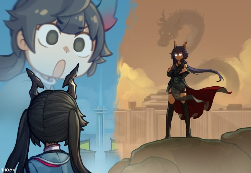 2girls, :o, arknights, arknights:_endfield, artist_name, black_hair, black_shirt, blue_hair, blue_jacket, boots, ch'en_the_dawnstreak_(arknights), chen_qianyu_(arknights), crossed_arms, detached_sleeves, dragon, dragon_girl, dragon_horns, highres, horns, jacket, long_hair, multiple_girls, shirt, thigh_boots, thigh_strap, thokuma, twintails
