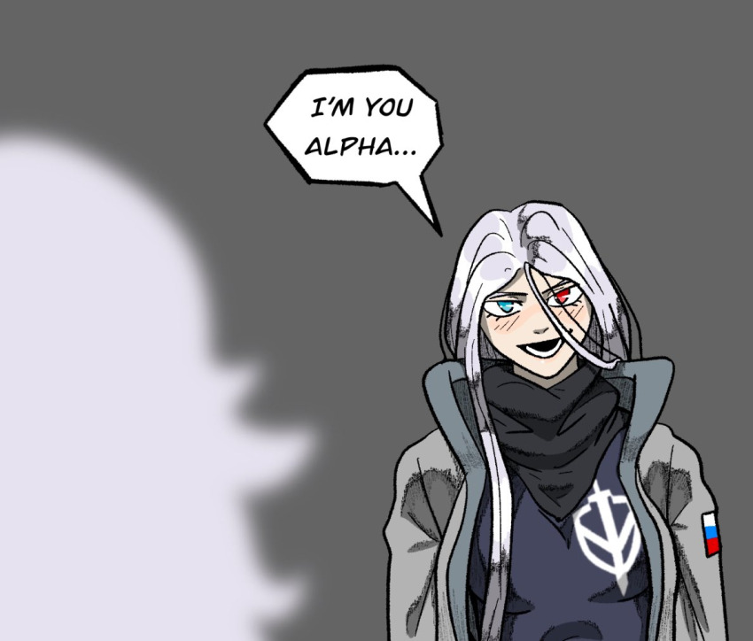 2girls, black_scarf, black_shirt, blue_eyes, blurry, blurry_foreground, blush, breasts