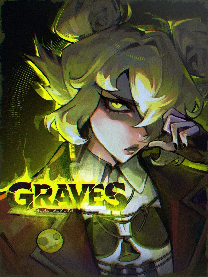 1girl, deadlock_(game), didi_(galacticdidi), disgust, double_bun, graves_(deadlock), green_eyes, hair_bun