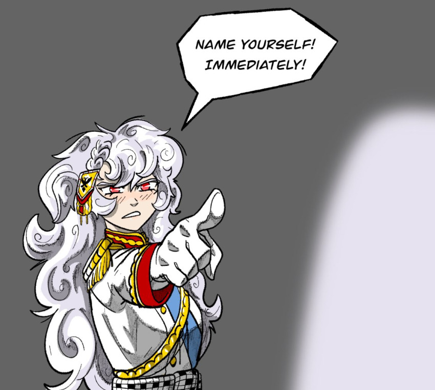 1girl, aiguillette, alpha_(alpha_1918), annoyed, armband, blue_sash, blurry, blurry_foreground, blush, braid, buttons, collar, cross, cross_pendant, epaulettes, fluffy, fluffy_hair, gloves, gold_buttons, gold_trim, grey_background, hair_ornament, lips, long_hair, looking_at_viewer, military, military_uniform, narrowed_eyes, non-web_source, original, pointing, red_eyes, russian_empire, sash, silhouette, sleeve_cuffs, snow_draw, solo, sticker, very_long_hair, white_gloves, white_hair