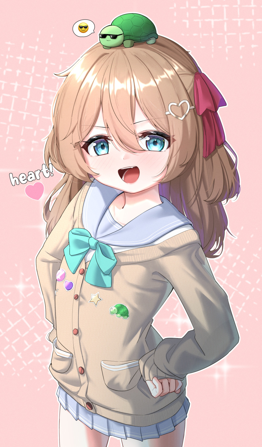 1girl, 1other, absurdres, blue_eyes, brown_hair, cardigan, commentary, cowboy_shot