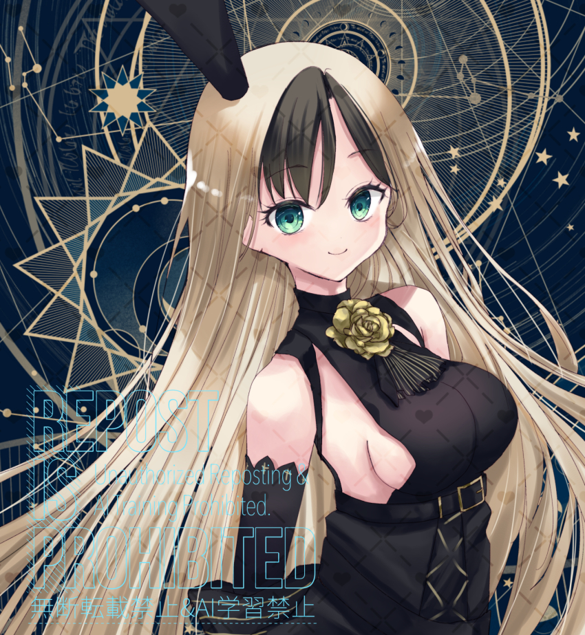 1girl, anku_(reverseblue), black_crown, black_dress, black_gloves, black_hair, blonde_hair, breasts, commentary_request, crown, dress, flower_dress, gloves, gold_flower, green_eyes, highres, ko_(tumugikou), large_breasts, long_hair, multicolored_hair, reverseblue_x_re-birthend, sideboob, solo, two-tone_hair, watermark