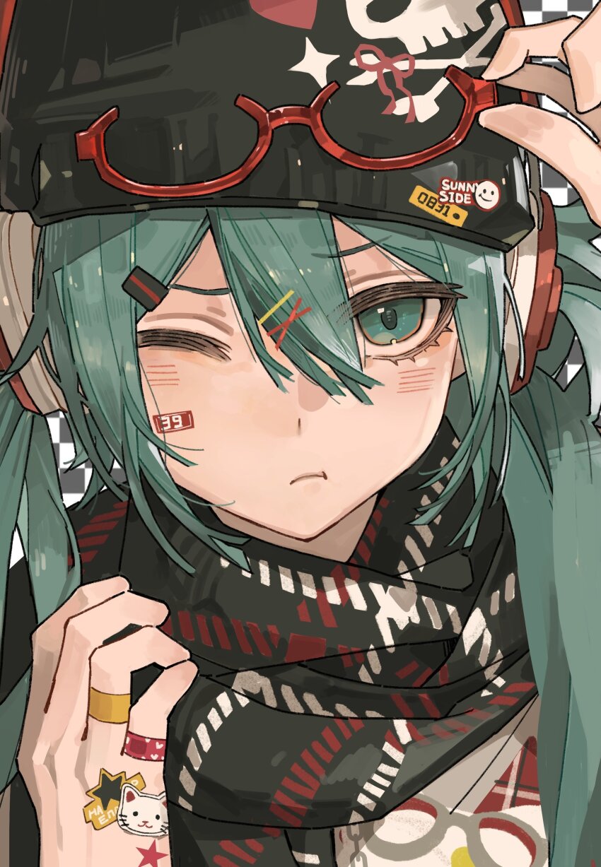 1girl, absurdres, adjusting_eyewear, alternate_costume, aqua_eyes, aqua_hair, bandaid, bandaid_on_finger