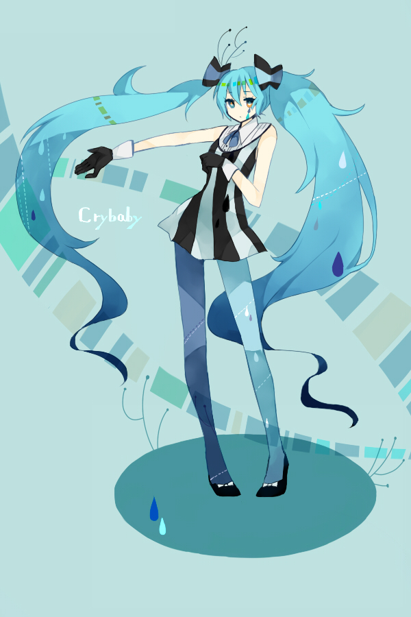 1girl, bad_id, bad_pixiv_id, dress, female_focus, gloves, hatsune_miku, heterochromia, jito_miku, long_hair, pantyhose, solo, tam., twintails, very_long_hair, vocaloid