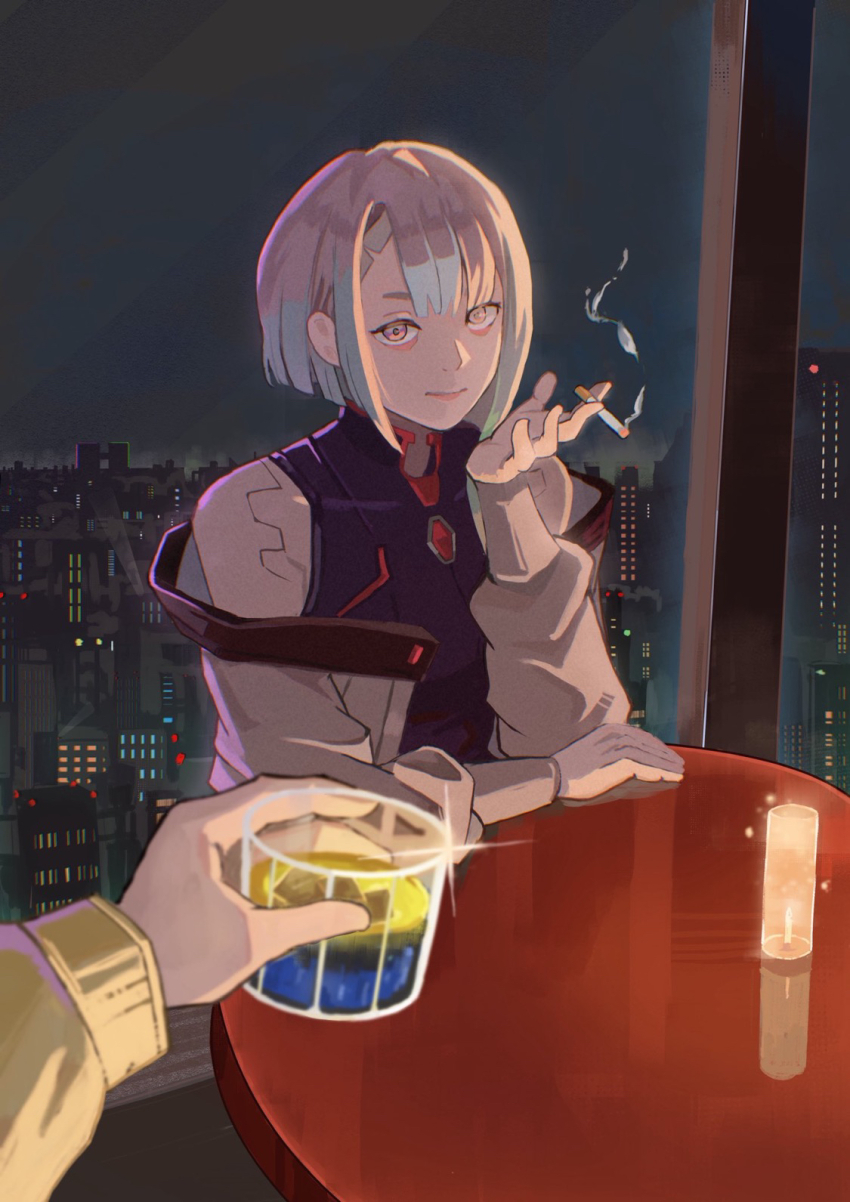 1boy, 1girl, black_leotard, cigarette, cityscape, closed_mouth, commentary, cup, cyberpunk:_edgerunners, cyberpunk_(series), cyborg, dating, david_martinez, drink, fjwr_soo, hetero, highres, holding, holding_cigarette, holding_cup, indoors, jacket, leotard, looking_at_another, lucy_(cyberpunk), short_hair, smoke, smoke_trail, white_jacket