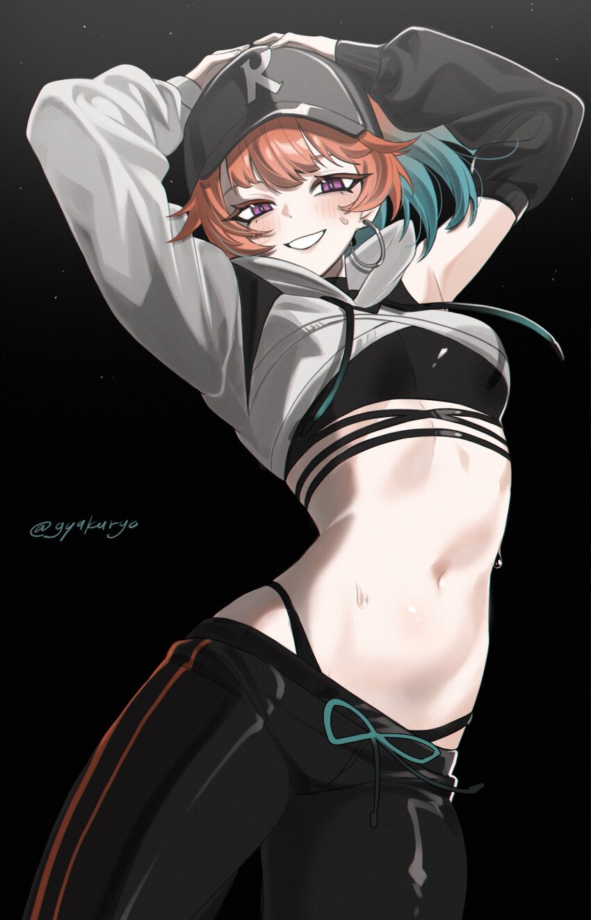 1girl, absurdres, akar1_akar1, arms_up, baseball_cap, earrings, ego_(takanashi_kiara), gradient_hair