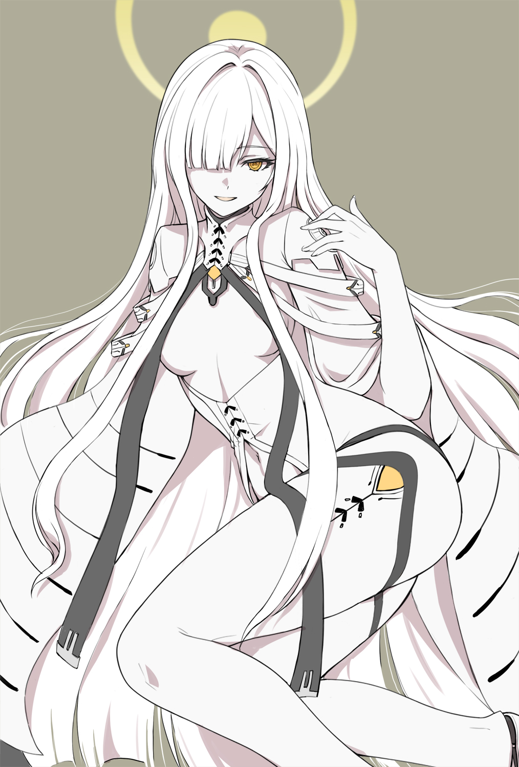 1girl, blue_archive, breasts, cape, colored_skin, commentary_request, grey_background, hair_over_one_eye