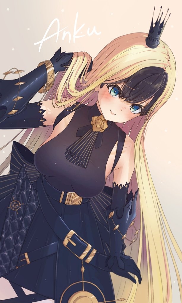 1girl, akatsuki_(akatsukinotsuki), anku_(reverseblue), belt, black_belt, black_crown, black_dress, black_gloves