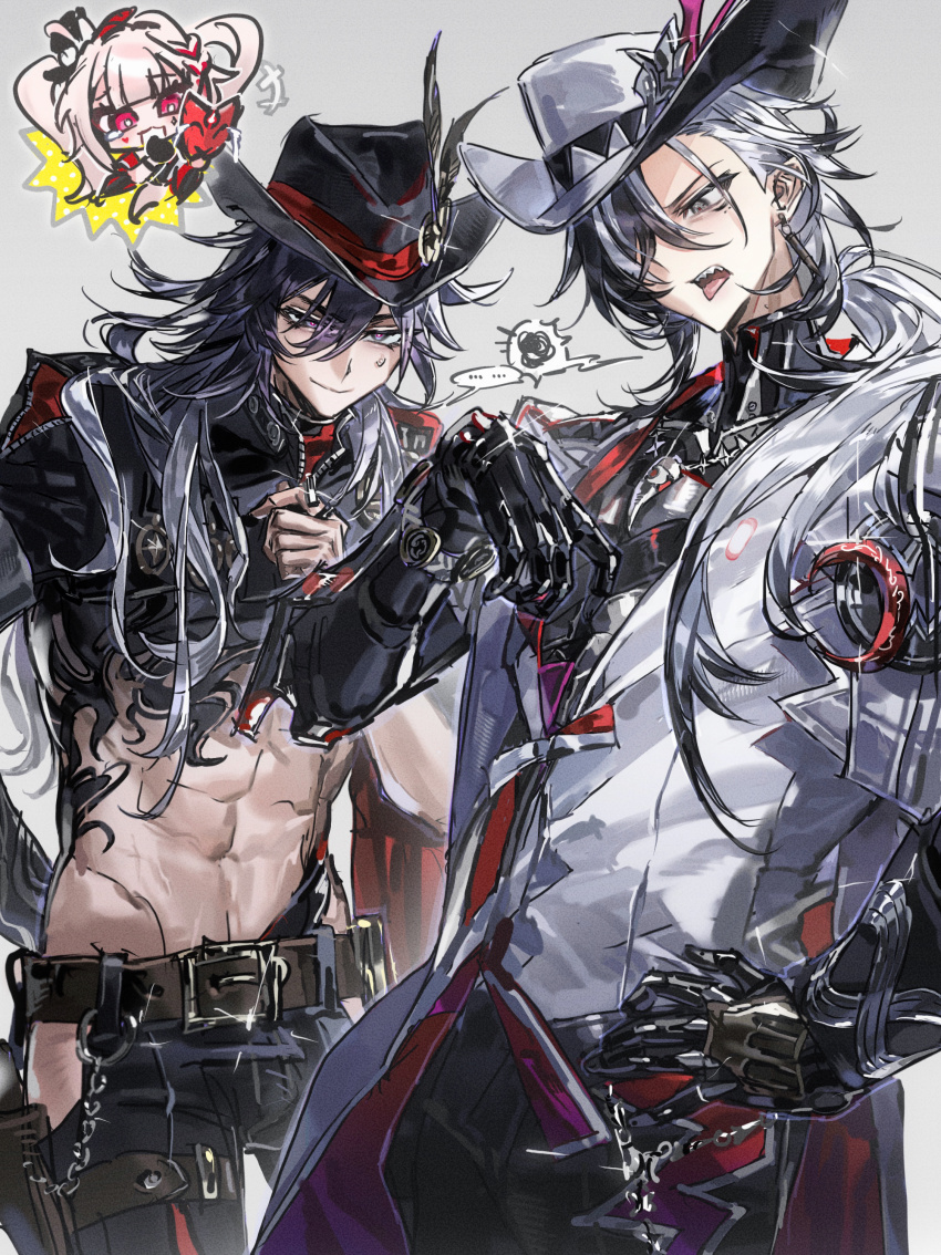 1girl, 2boys, abs, absurdres, ashveil_(honkai:_star_rail), badge, belt, black_hair