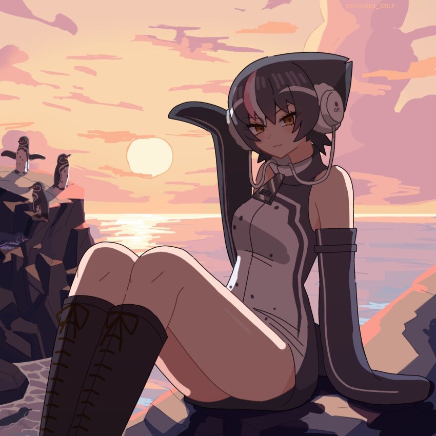 1girl, animal, bare_shoulders, bird, black_hair, boots, commentary_request, elbow_gloves