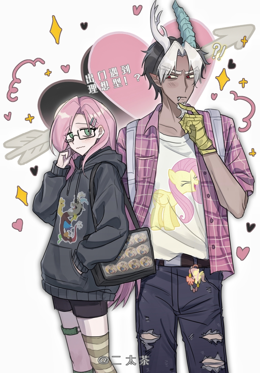 1boy, 1girl, absurdres, alternate_costume, animification, aqua_eyes, asymmetrical_horns, backpack