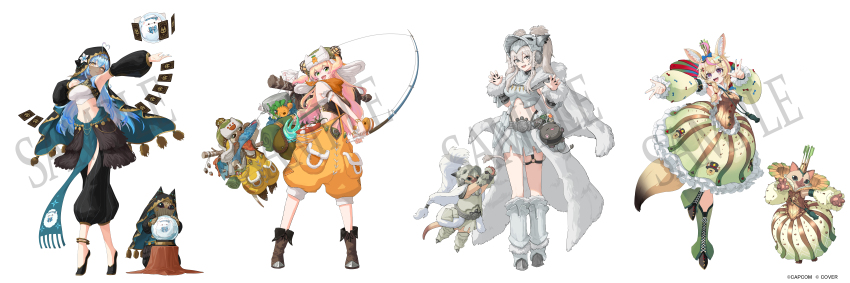 4girls, absurdres, ahoge, animal_ear_fluff, animal_ears, arabian_clothes, arkveld_(palico_armor), arm_up