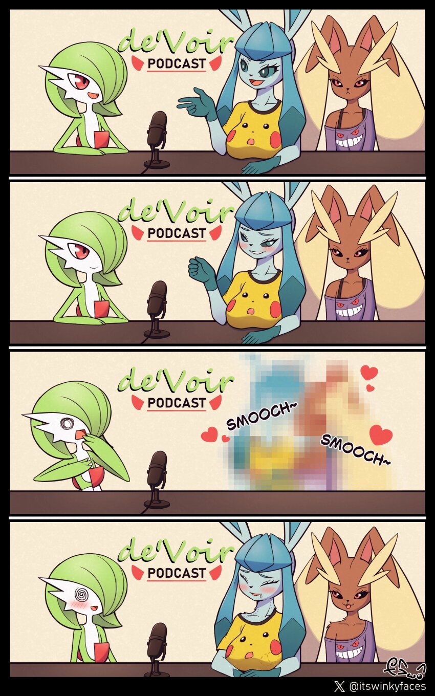 3girls, :3, @_@, animal_ears, bite_mark, black_sclera, blue_eyes, blush