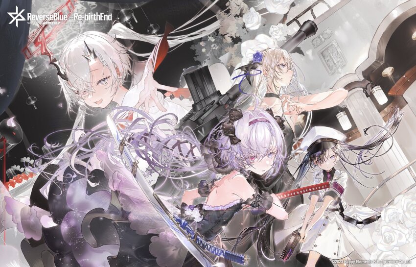 4girls, 909_(reverseblue), armband, artist_request, asymmetrical_horns, backless_dress, backless_outfit, black_bow